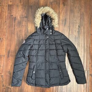 Y2K US Polo Assn Fur Puffer Jacket Womens S Black 2000s Skater Full Zip Outdoors